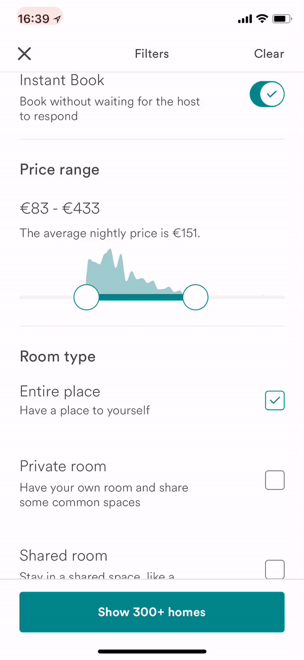 Airbnb mobile search UX: an example of dynamic filtering 